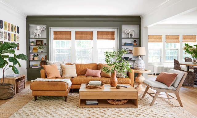 Soft Pastels and Brown Leather Sofa