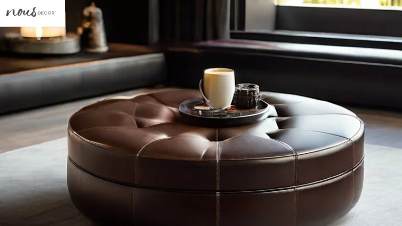 Leather Round Coffee Table Ottoman in Modern Lounge Layout