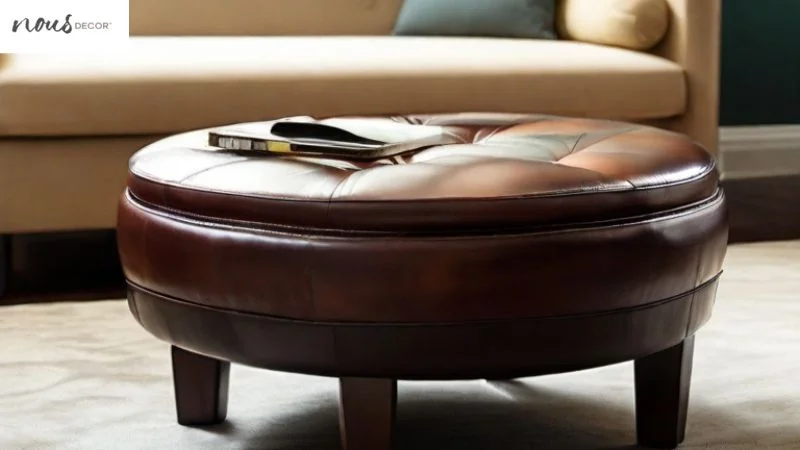 Leather round Coffee Table Ottoman in small lounge 