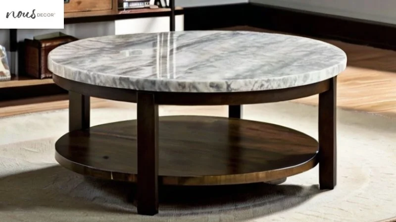 Rustic round coffee table with marble top surface