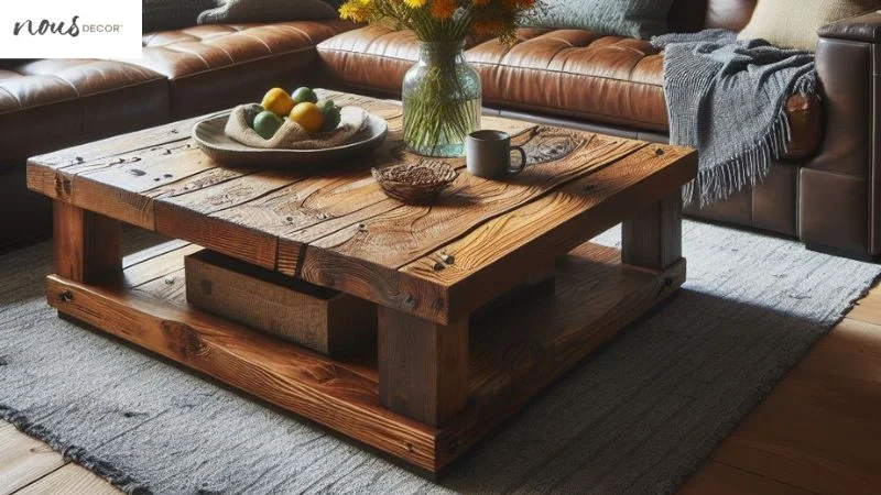 Stained rustic wood coffee table and U sectional sofa  