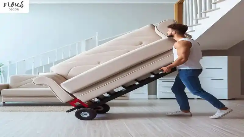 the man moving a heavy couch upstairs with a fantastic dolly
