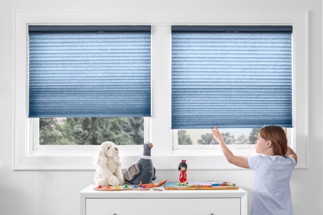 Child-friendly features with both pleated shades and honeycomb blinds