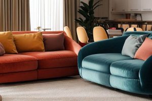 Mismatched Different Coloured Sofas In Living Room