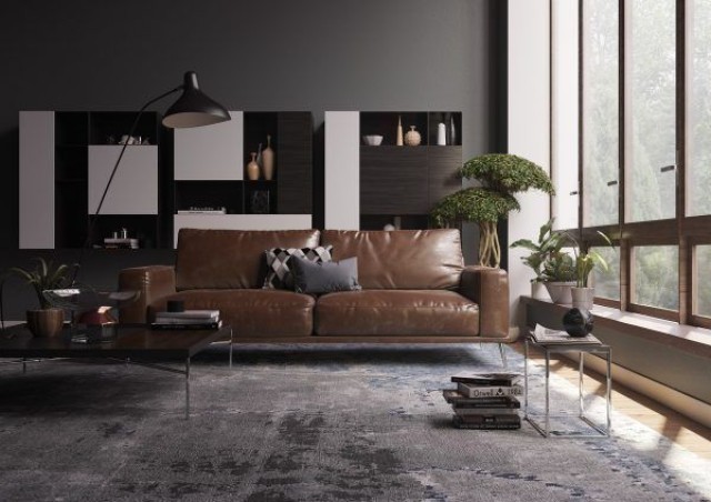 Brown Sofa On Grey Carpet