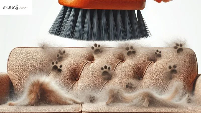 Brushing dog hair on sofa