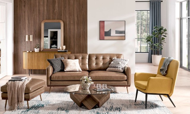Warm Tones and Brown Leather Sofa