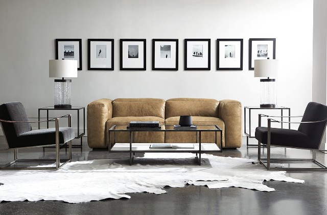 Metallic Accents and Brown Leather Sofa