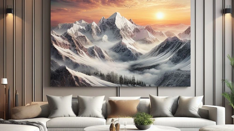 A big oversized digital printed canvas of a mountain range in a bedroom