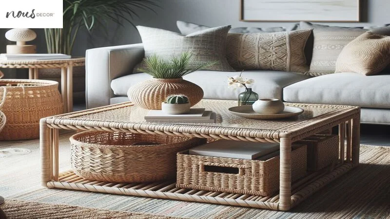 Square Coffee Table with Woven Baskets 