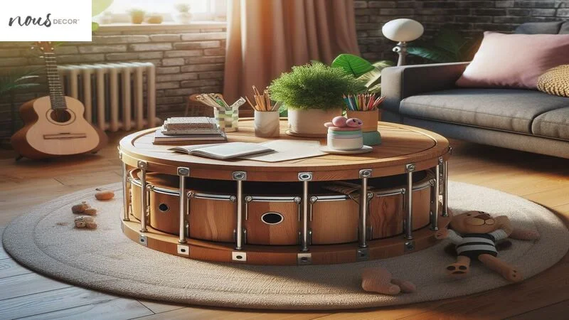 Coffee table with drum storage kid-friendly